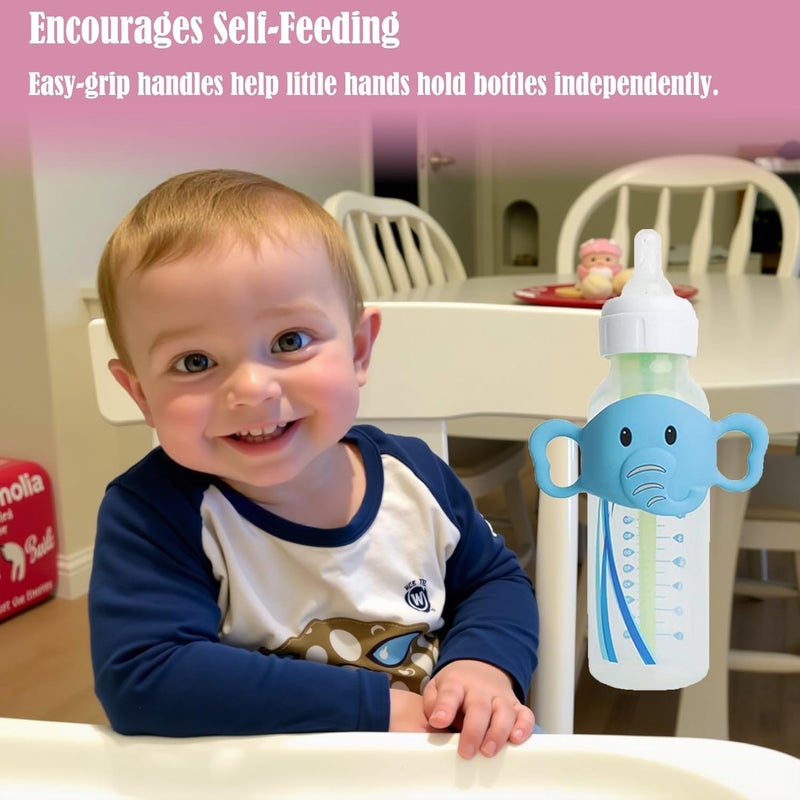 Amitofo 3 Pack Silicone Baby Bottle Handles for Dr. Brown’s Narrow & Wide Baby Bottles Hoder, Elephant Design, Easy Grip Self-Feeding Universal Bottle Handle, BPA-Free, 100% Silicone, White, Gray, Blue - Image 3